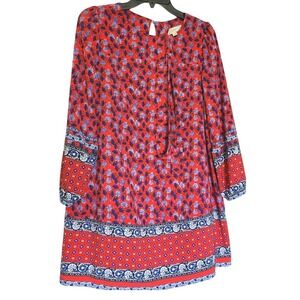 Loft Women Orange Blue Floral Boho Long Puff Sleeve Tie Waist Dress Small Petite
